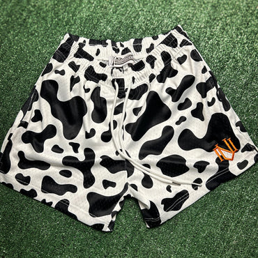 Black Cow Print Mesh Shorts