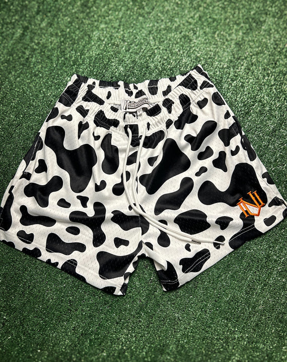 Black Cow Print Mesh Shorts