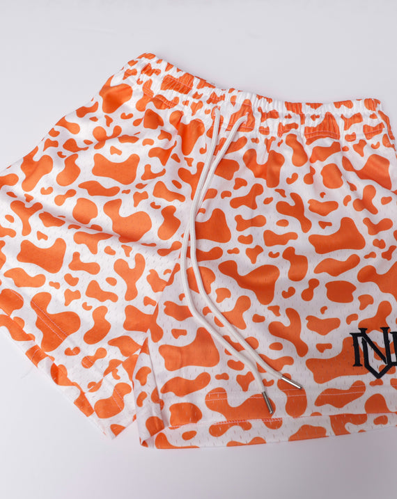 Orange Cow Print Mesh Shorts