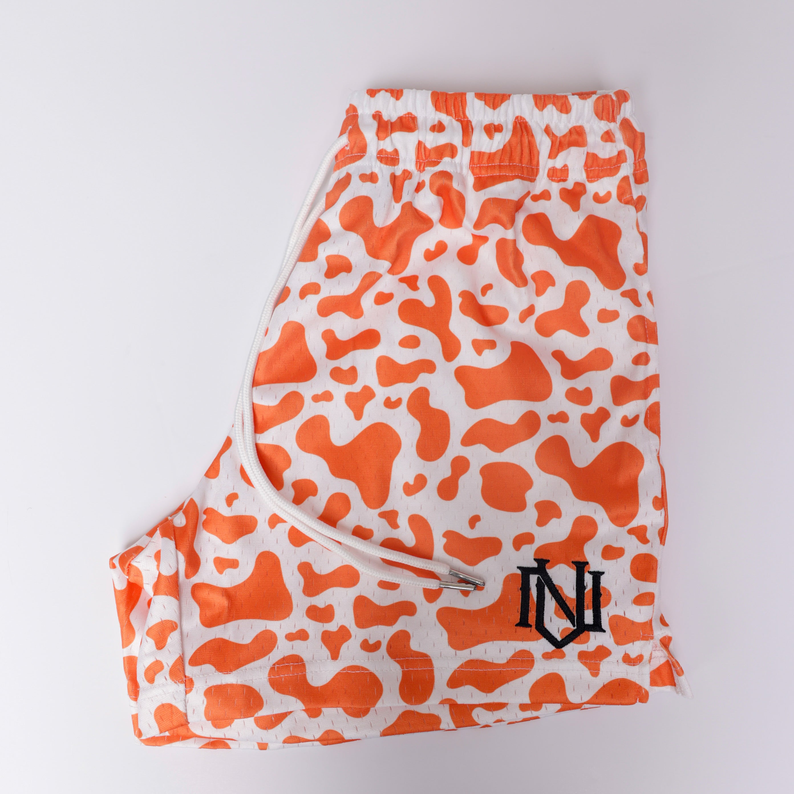 Orange Cow Print Mesh Shorts